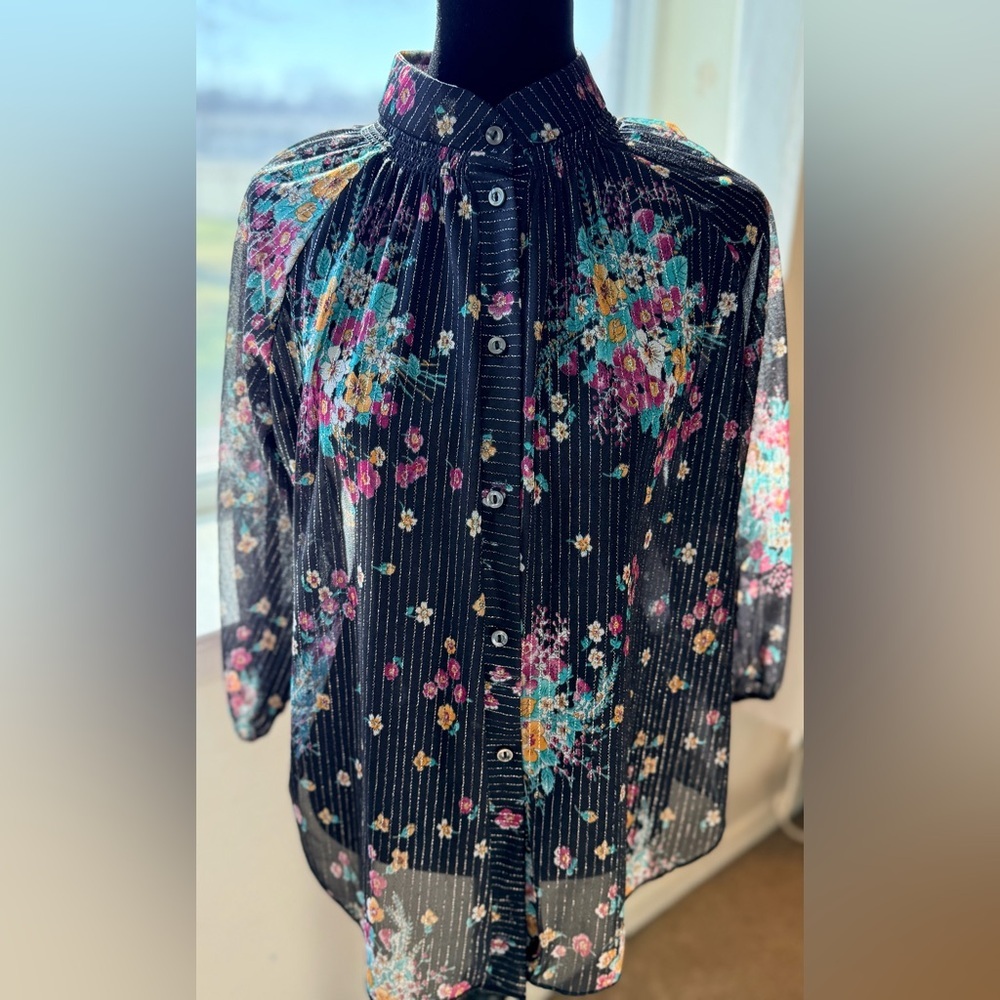 Vintage 90’s sheer black floral button front blouse top gold metallic large - Picture 2 of 12